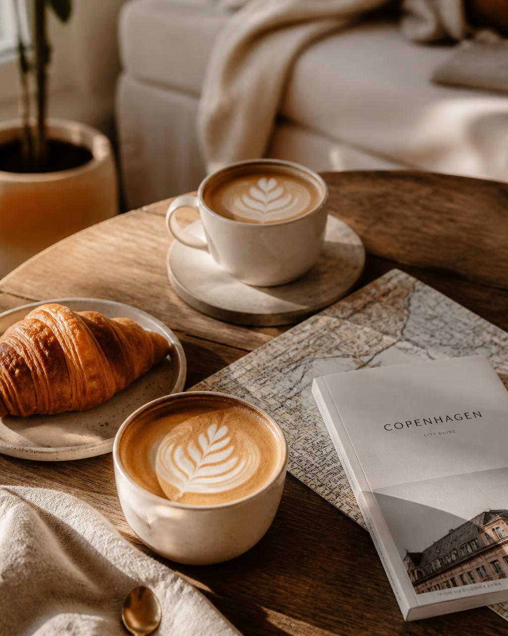 A welcoming morning moment on a wooden table: two cappuccinos, a fresh croissant and a folded travel guide in soft morning light
